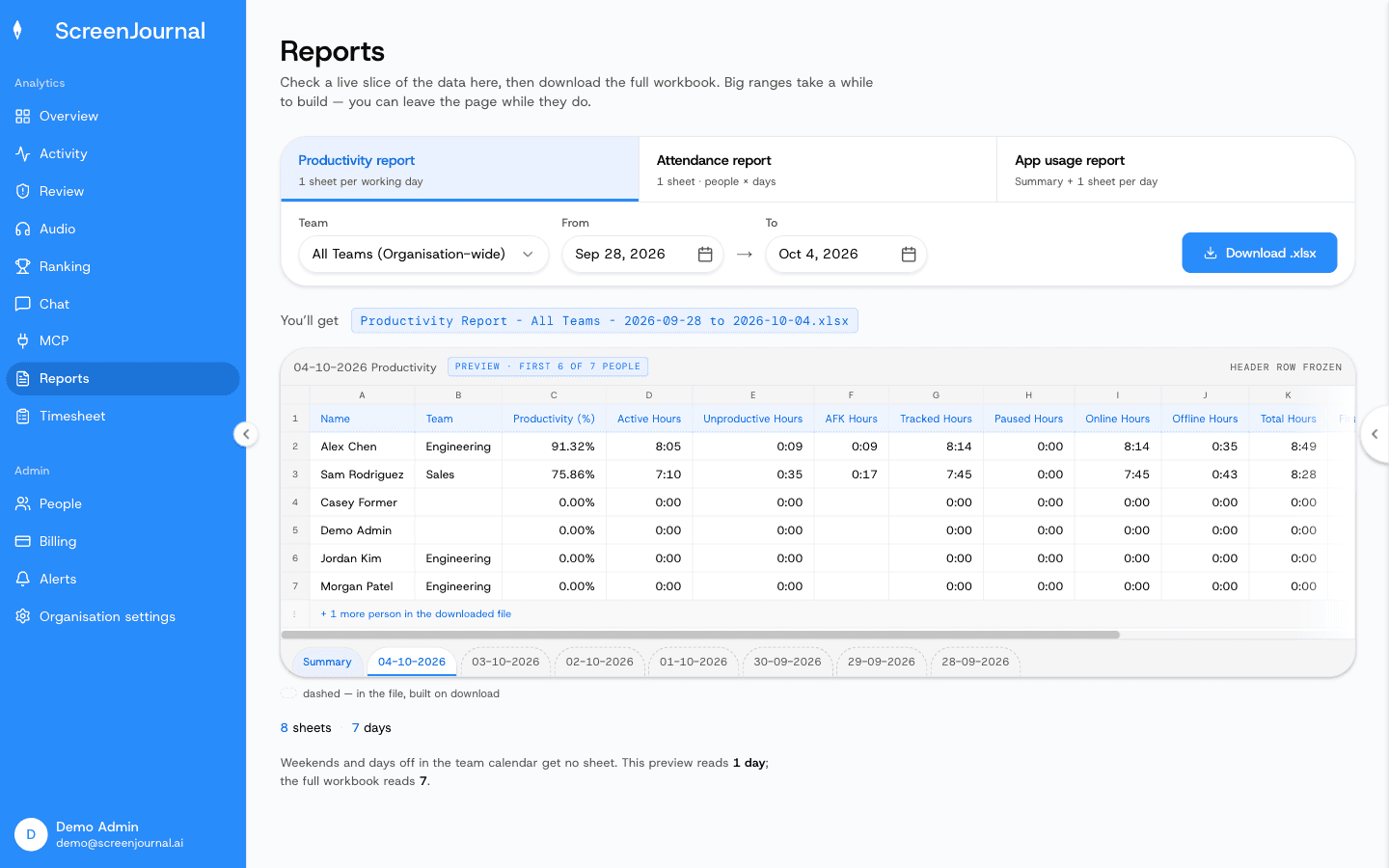 The ScreenJournal Reports page: choose a workbook, scope and date range, preview the sheet, then download the Excel file.